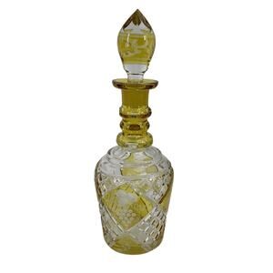 Bohemian Bright Yellow Cut to Clear Glass Decanter Tear Drop Stopper Grape Etch